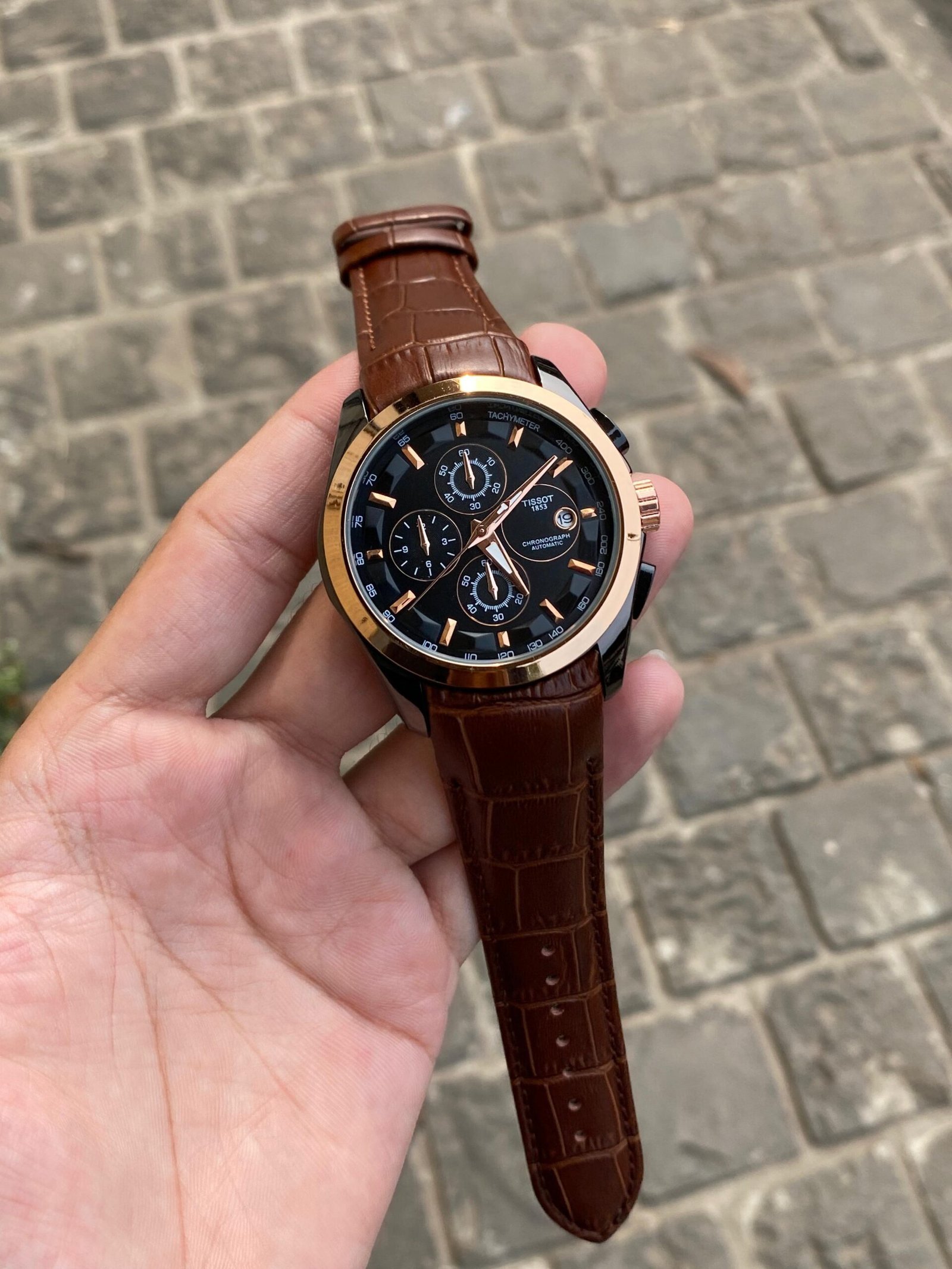 premium chronograph brown leather men's watch