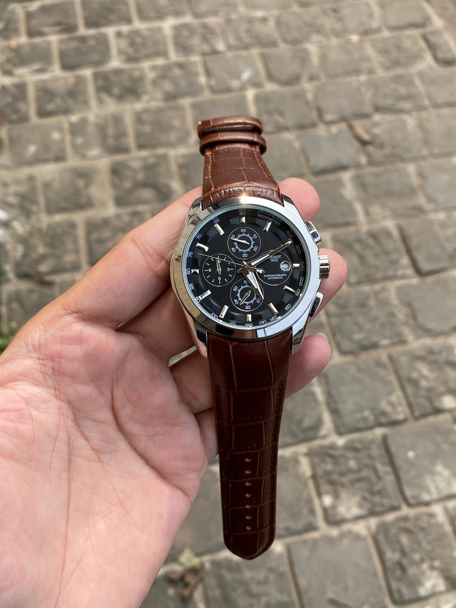 premium chronograph brown leather men's watch