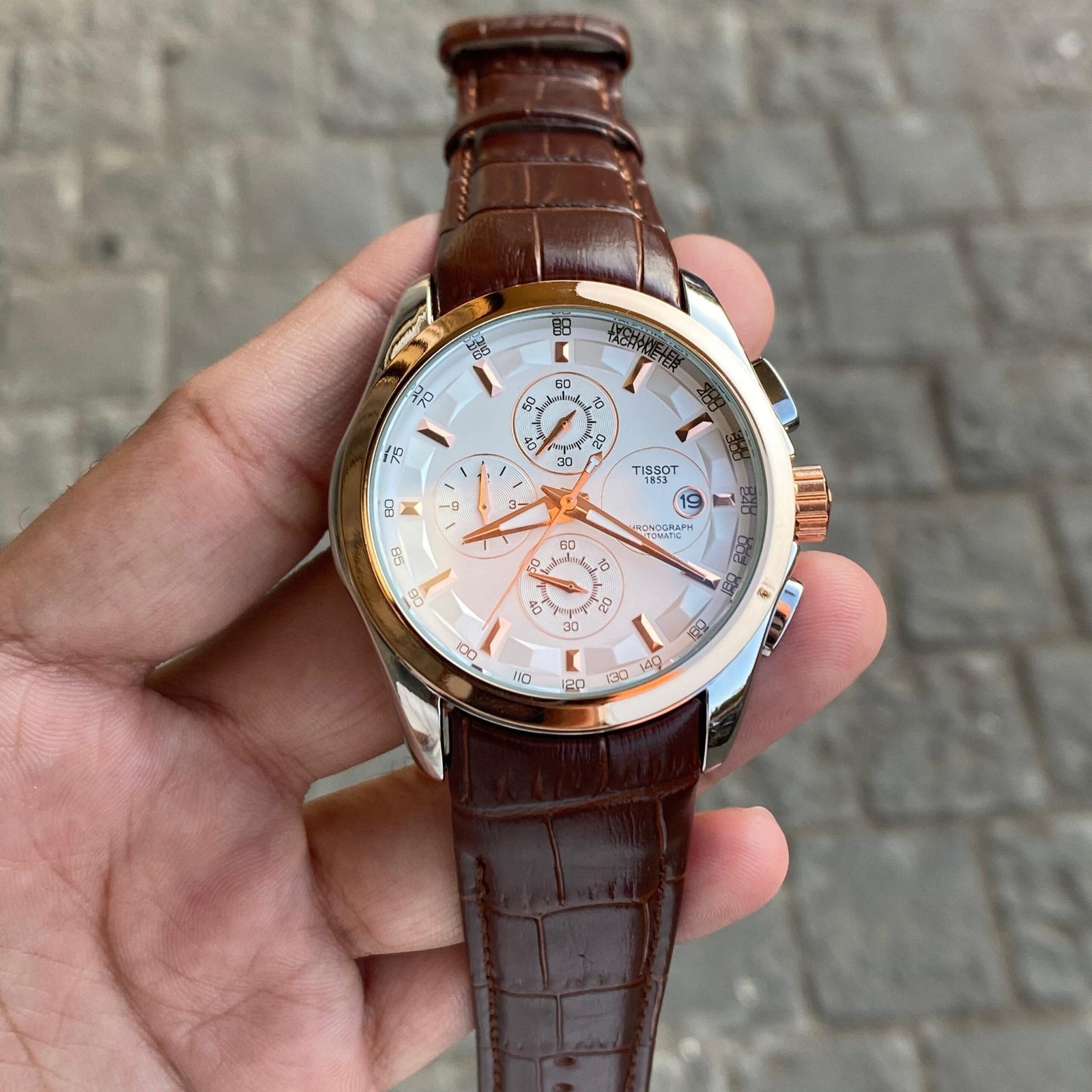 premium chronograph brown leather men's watch