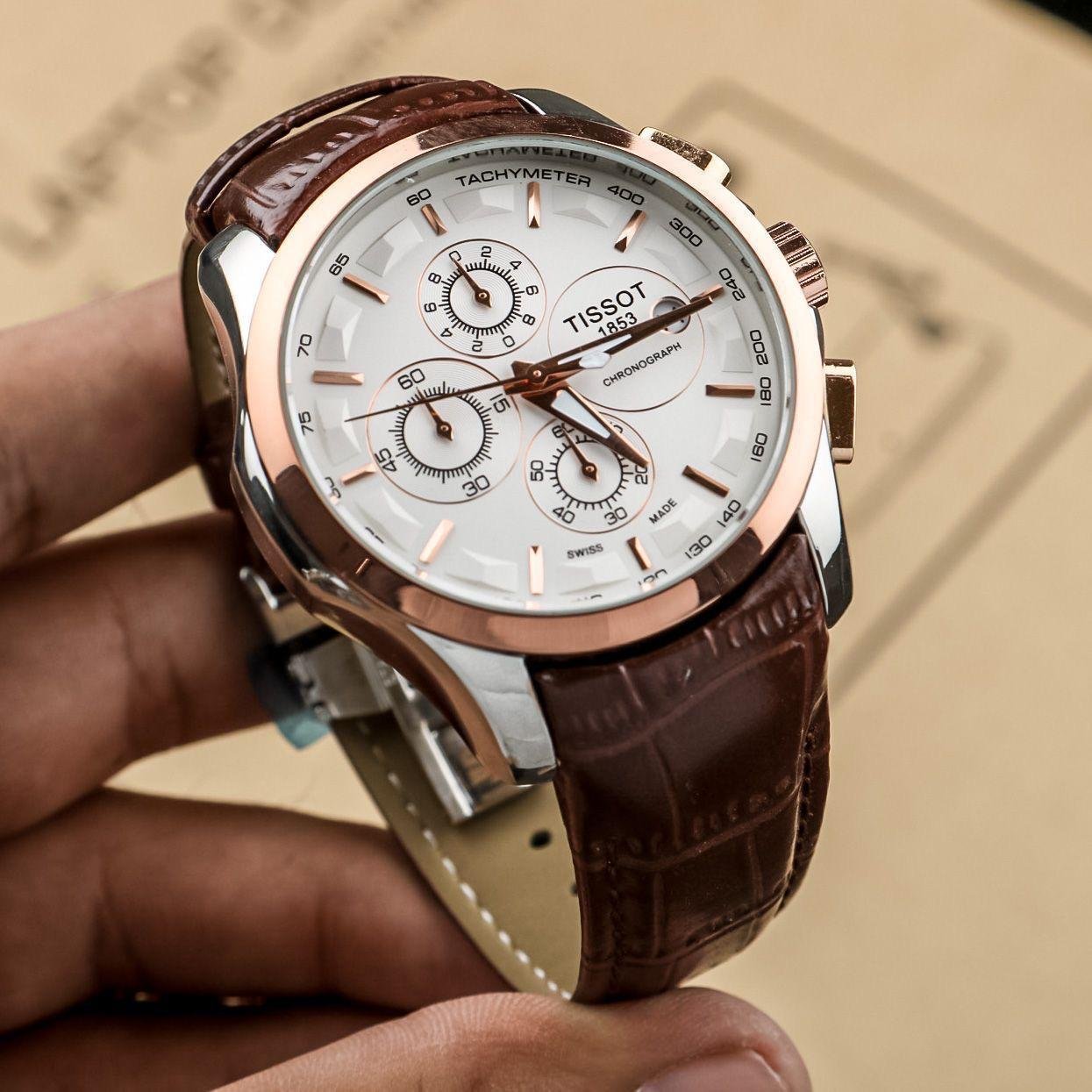 premium chronograph brown leather men's watch