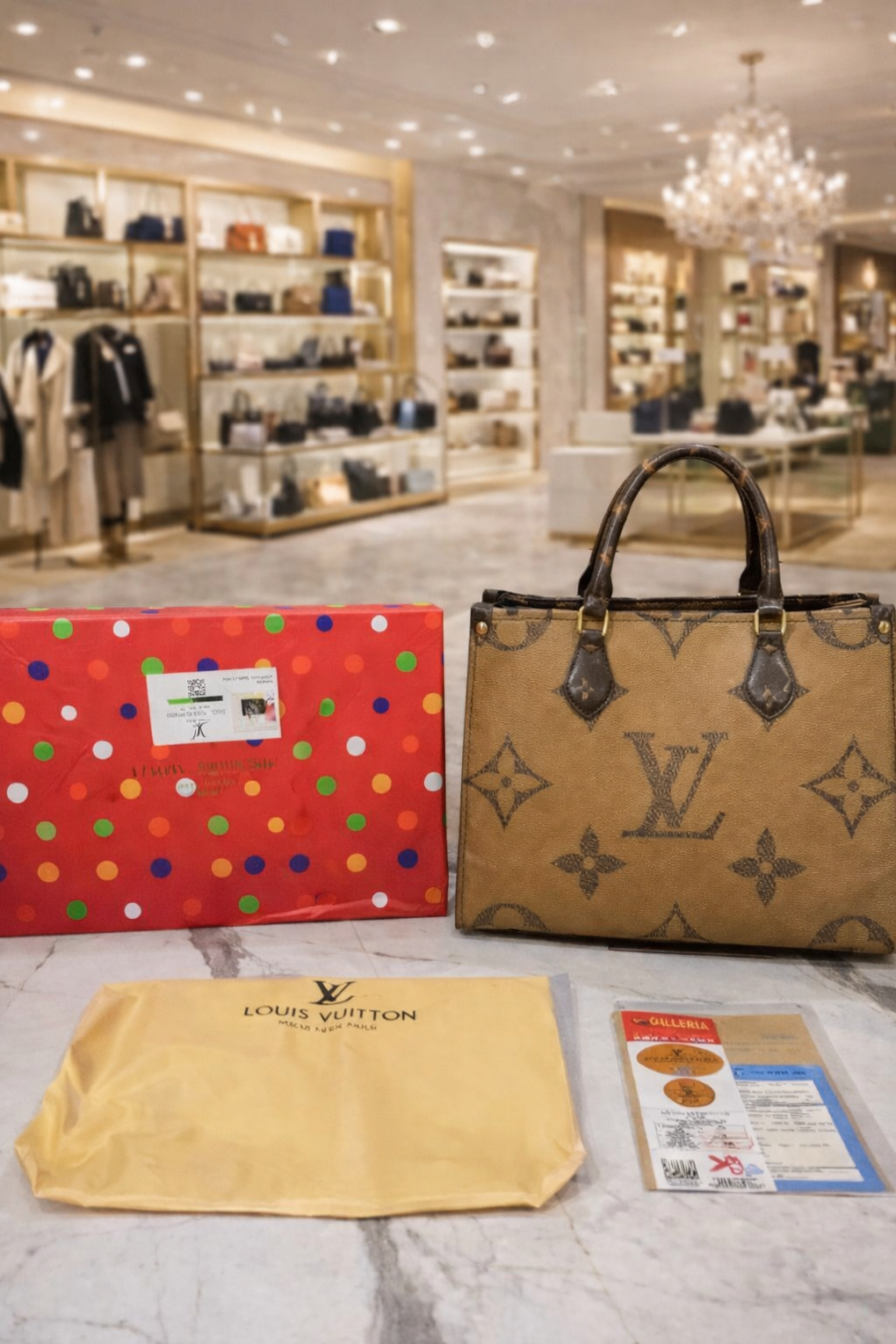 louis vuittion on the go medium tote bag with box dustbag bill