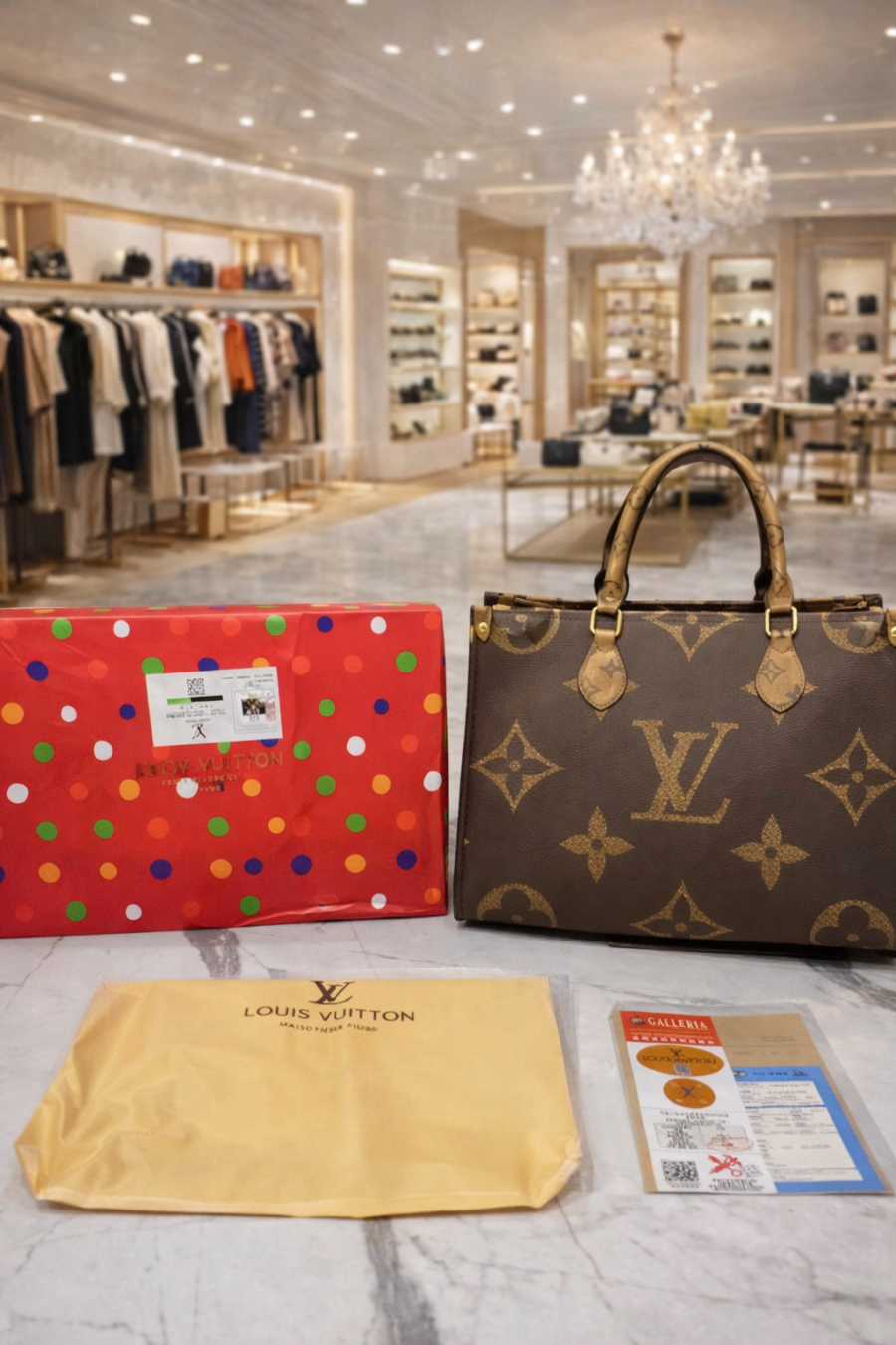 louis vuittion on the go medium tote bag with box dustbag bill