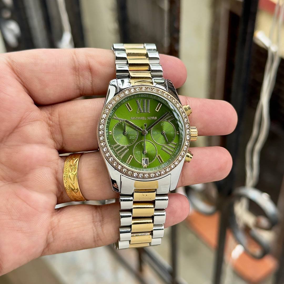 Michae_el Kors Lexington Chronograph womens 2 ton gold green