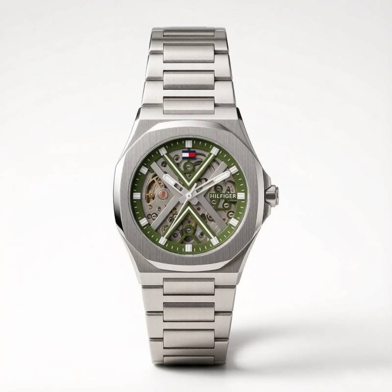 Tommmy Hilfige_r Skeleton Automatic Silver-Green