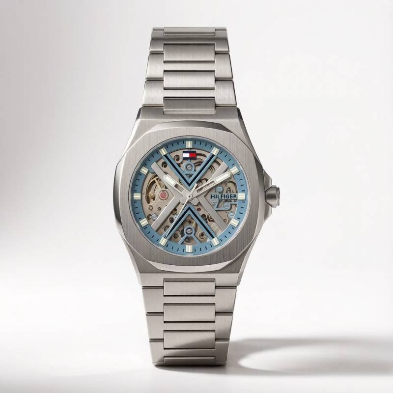 Tommmy Hilfige_r Skeleton Automatic Silver-Sky Blue